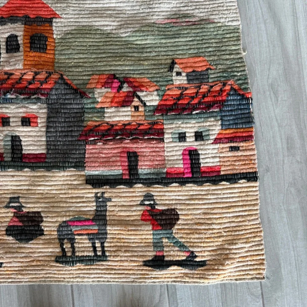 VTG Peruvian Woven 1970s Tapestry Multi Village Llama Wall Art 37